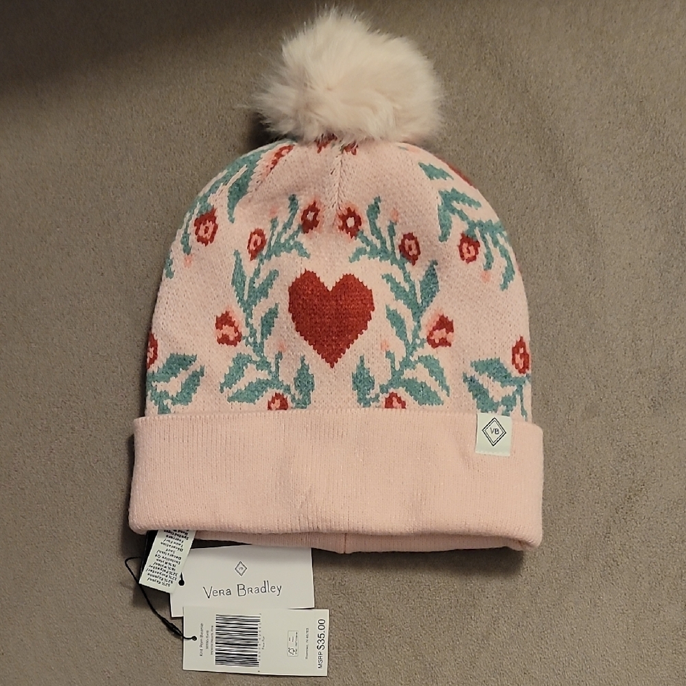 Vera Bradley Pink Knit Beanie with Heart and Floral Design